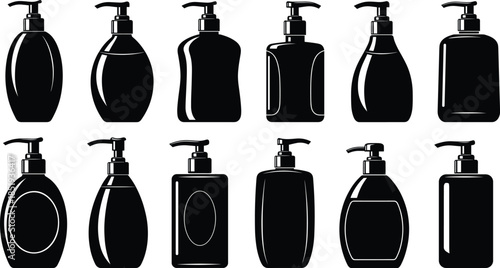Set of black pump bottle silhouettes featuring various dispenser shapes for liquid soap lotion shampoo and sanitizer isolated on white background flat vector illustration for cosmetic packaging design