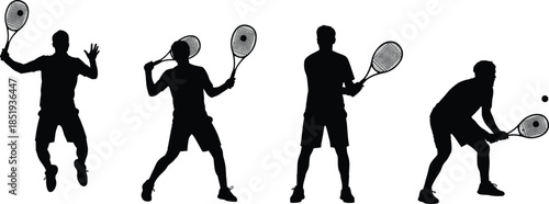 Tennis Player Silhouette Vector Set Showing Jumping, Serving, Backhand, and Forehand Poses for Sports, Fitness, and Athletic Design Themes