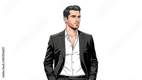 Pixel art portrait of a man in an unbuttoned white shirt and black suit jacket