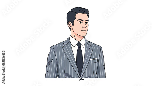 Pixel art portrait of a man in a grey pinstripe suit