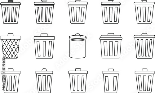 Set of thin line trash can icons featuring various waste bin designs including classic metal cans plastic recycling bins and office baskets isolated on white background vector illustration