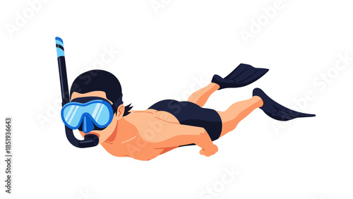 Pixel art illustration of a snorkeler swimming horizontally with blue mask and black fins