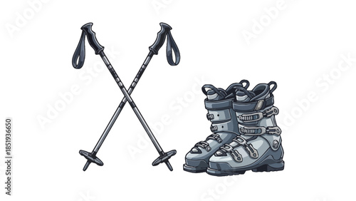 Pixel art of crossed ski poles and a pair of alpine ski boots on a white background