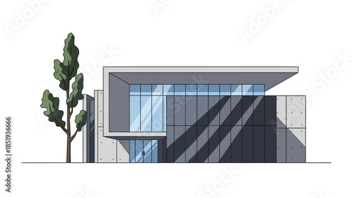 Pixel art rendering of a modern flatroofed building facade with a tree