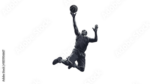 Pixelated basketball player in a dunk attempt against a white background