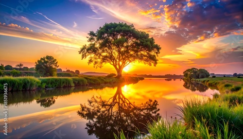 Sunrise over a tranquil river with a lone tree.