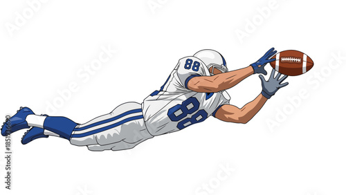 Pixelated football player in white and blue uniform diving to catch a brown football