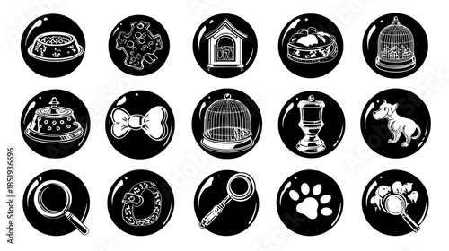 Monochromatic Pet Care Icon Set: Dog Food Bowl, House, Bow Tie, Paw Print, Bird Cage & Pet Health Symbols