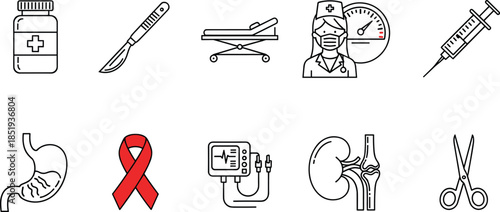 Set of thin line medical and healthcare icons featuring surgical scalpel syringe medicine bottle nurse silhouette stretcher and anatomical organs isolated on white background vector illustration