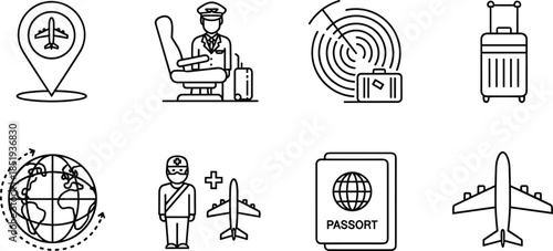 Set of thin line travel and aviation icons featuring pilot silhouettes airplanes passport with globe radar luggage suitcases and airport location map pins isolated on white background 