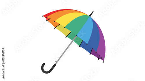 Rainbowcolored umbrella with a curved handle on a white background