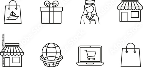 Set of thin line shopping and retail icons featuring store storefronts shopping bags gift boxes female clerk silhouette and online commerce symbols isolated on white background vector illustration