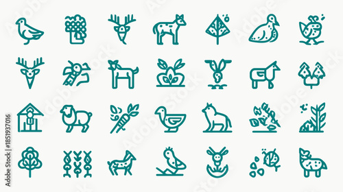 Collection of Modern Farm and Agriculture Line Icons featuring various animals, plants, and rural elements in a simple, minimal vector style.