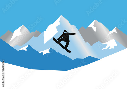 Snowboarder Performing Trick Over Scenic Winter Mountain Landscape - Flat Design Vector