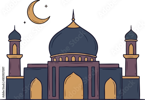 Hand-drawn Mosque Illustration with Crescent Moon and Stars