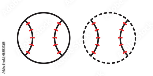 Baseball icon solid and dashed outline. Baseball vector icon with stitching detail in solid and dashed style. Perfect for sports design, logo, app, and infographic.