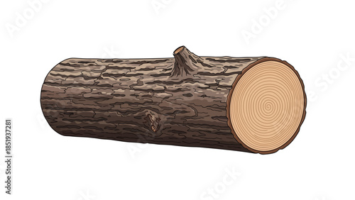 A horizontal illustration of a roughbarked log with a visible crosssection showing growth rings