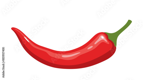 A vibrant red chili pepper with a curved shape and green stem on white