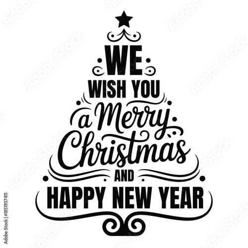 We wish you a merry Christmas and happy new year decorative typography in Christmas tree shape with festive ornaments isolated on white background