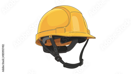 A yellow hard hat with a black suspension harness viewed from the side