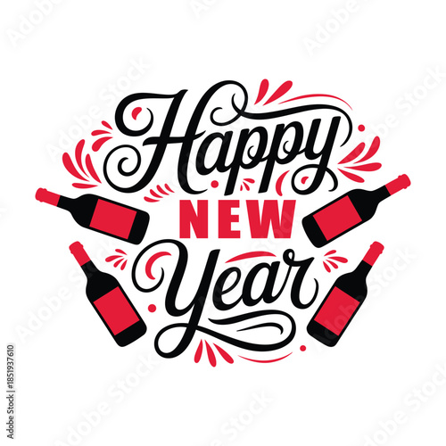 Happy New Year festive typography with champagne bottles and party celebration elements isolated on white background for holiday greeting design