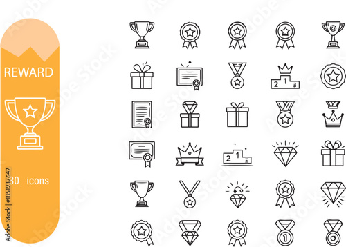 Achievement and award line icon set featuring trophy, gold medal, first place medal, crown, star, certificate, gift box, winner podium, award pedestal, rosette badge .