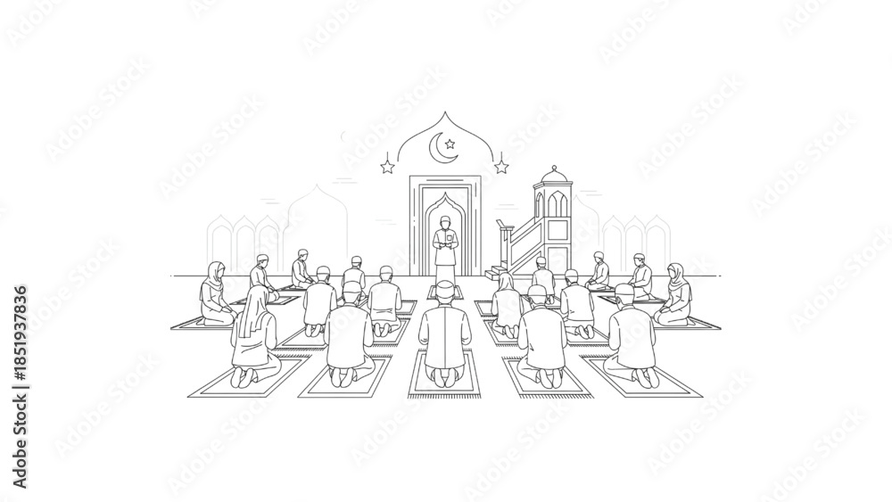 Fototapeta premium islamic congregational prayer in mosque muslim community line art illustration