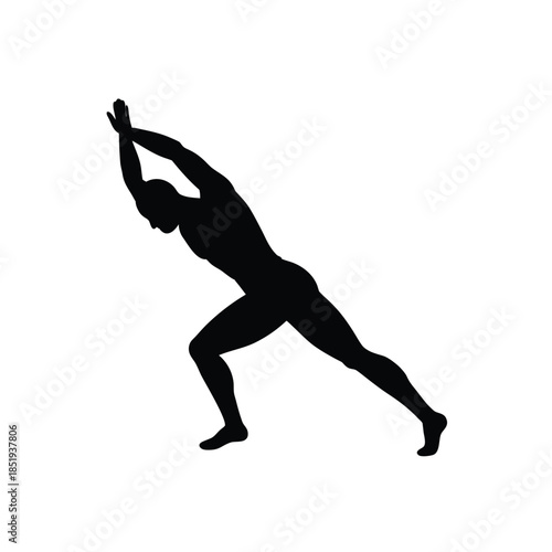 Black silhouette of a strong man pushing against an invisible force on white background