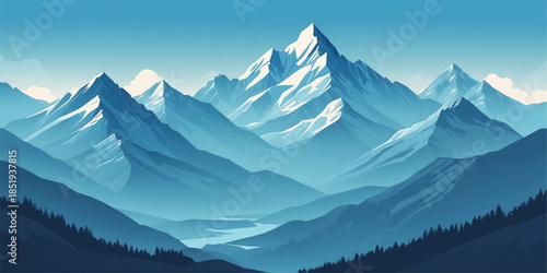Minimalist alpine landscape illustration with calm atmosphere and modern aesthetics