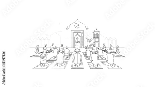 islamic congregational prayer in mosque muslim community line art illustration