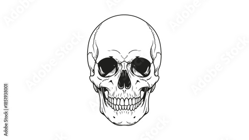Black and white line drawing of a human skull facing forward