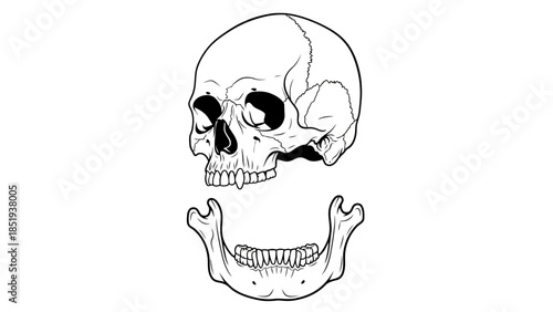 Black and white line drawing of a human skull superior aspect and mandible