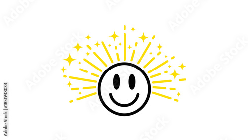 Black and yellow smiling sun icon with radiating starburst rays