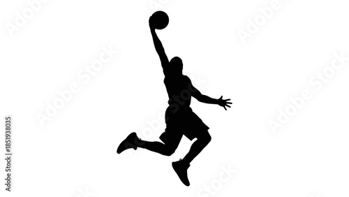 Black silhouette of a basketball player jumping to dunk a ball