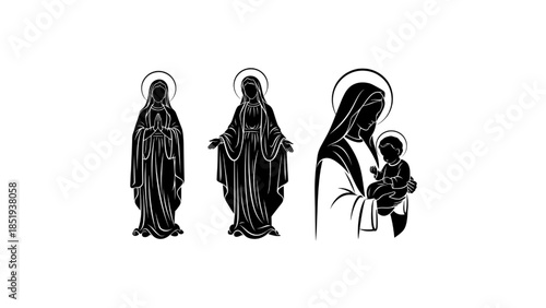 virgin mary silhouette set: mother of god and madonna with child illustrations