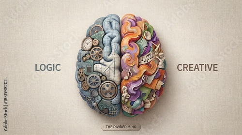 hemisphere. Artistic conceptual illustration of a human brain divided into creative and logical halves. wellbeing guides.