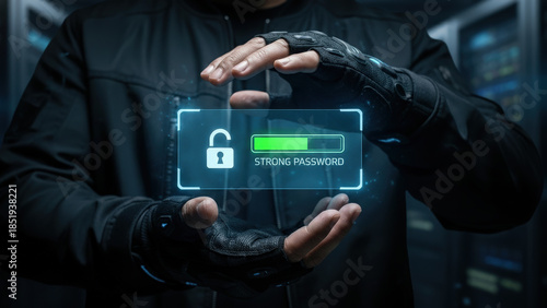 Cybersecurity concept strong password security lock data protection secure login digital progress bar glow visual metaphor