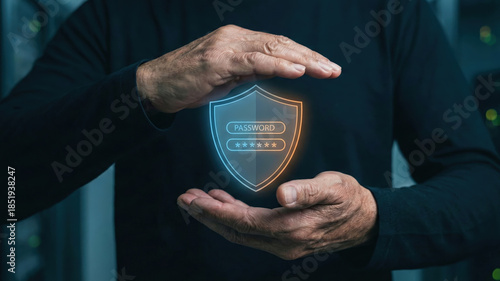 Cyber security concept hand protect digital shield password icon data protection privacy technology network safety encryption