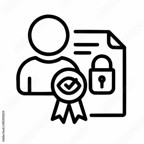 Line icon of a person with ribbon and lock — trusted handler, black on white, square minimalist style