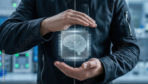 Artificial intelligence digital brain technology innovation cybersecurity data future virtual hologram hand human protection machine intelligence