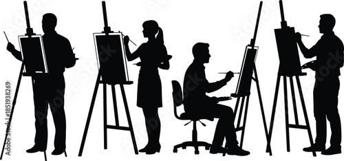 Artists painting on easels silhouettes set, creative painters working in studio isolated on white background, art education illustration concept