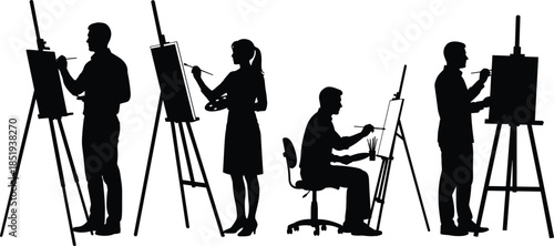 Artist painter silhouettes working on canvas with easel isolated on white background, creative art process, painting studio illustration set