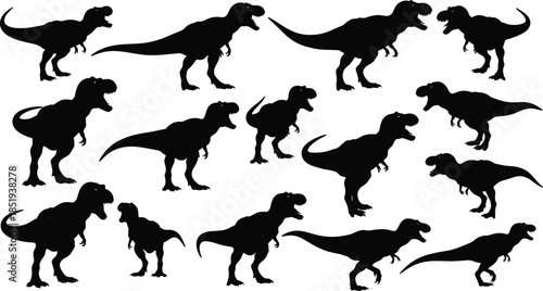 Tyrannosaurus rex dinosaur silhouettes in various poses facing left and right isolated on white background for prehistoric and educational design