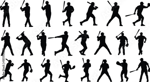 Baseball player batting silhouettes showing hitting and running actions isolated on white background, professional sport motion, training illustration set