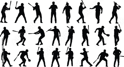 Baseball player silhouette collection, batting pitching throwing running poses, professional sports action sequence, isolated black athlete figures illustration set