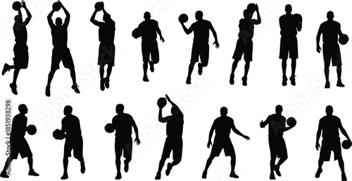 Basketball player silhouette sequence, dribbling shooting passing poses, sports action collection, isolated black athlete figures, training illustration set, design bundle