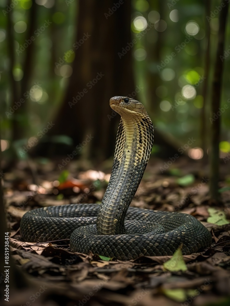 Fototapeta premium Cobra standing upright with expanded hood in a lush tropical forest. The reptile displays classic defensive behavior, highlighting themes of danger, biodiversity, and wild nature in an untouched jungl