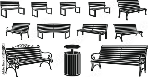 Urban park bench silhouettes and trash can vector set for outdoor furniture design, public space planning, and city infrastructure themes
