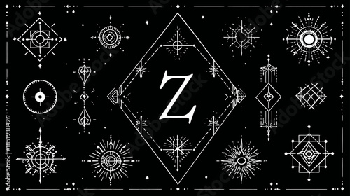 Esoteric Sacred Geometry Symbols Collection with Mystical Celestial Elements and Letter Z, White on Black Line Art