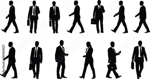 Businessman silhouette walking sequence, professional office worker poses, corporate business people collection, isolated black suit figures, leadership career illustration set